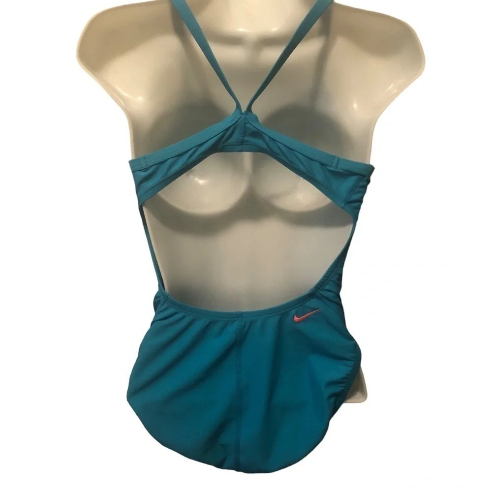 Nike Sport Swim Tank 1PC Swimsuit Sz 8 Sky Blue Pink Spell~Out Logo Racerback